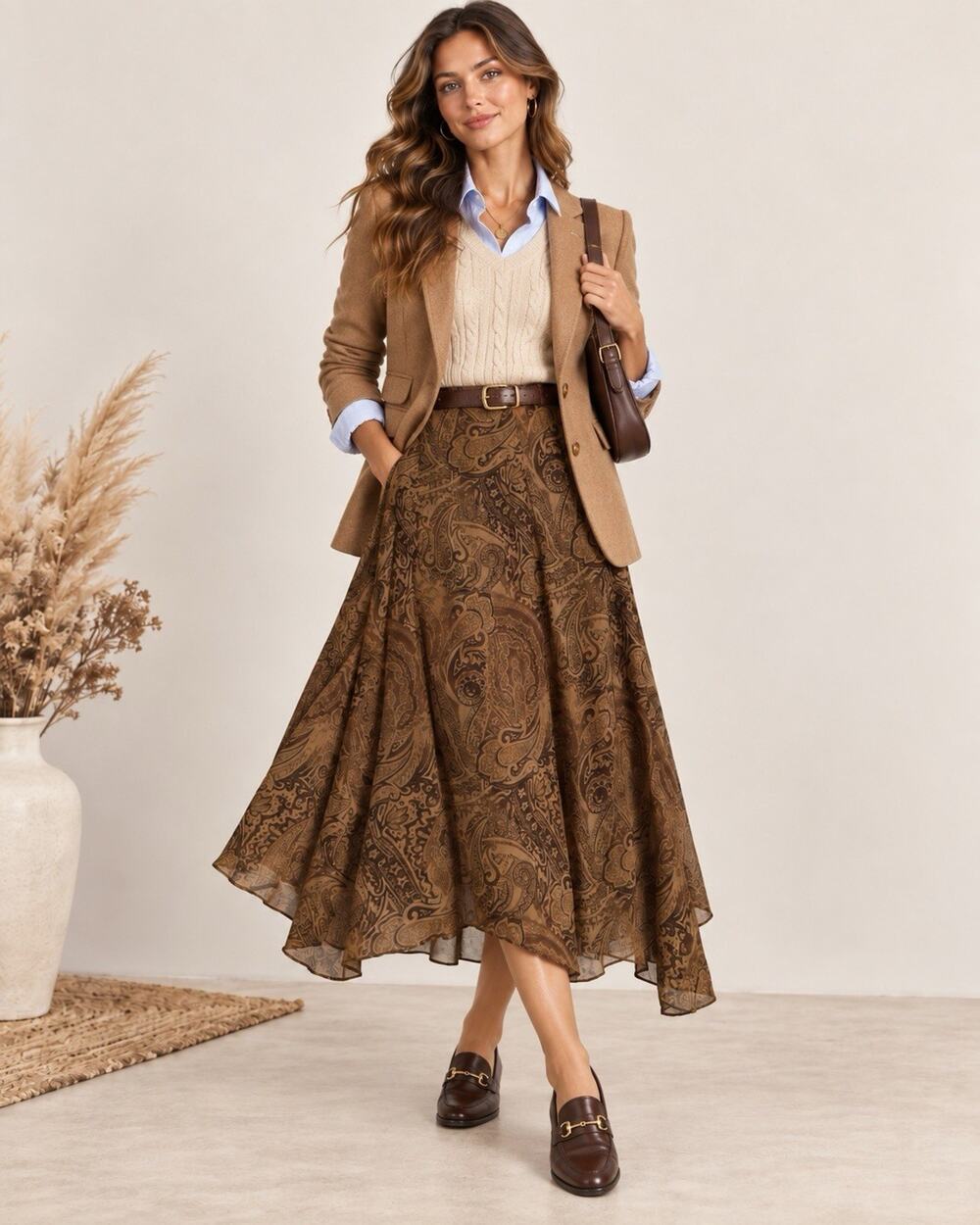 Lauren Ralph Lauren Brown Paisley Silk A-Line Midi Skirt Lined 16W autumn style